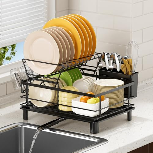 PKBD 2 Tier Dish Drainer Rack, Dish Drying with Swivel Drainage Spout,Utensil Holder, Cup Holder, Rust-proof Carbon Steel with Drip Tray for Kitchen Counter Space-Saving, Black