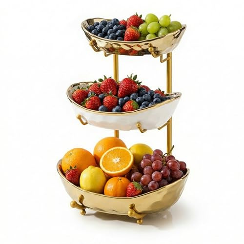 Simcat Bol à fruits à 3 étages avec bols en céramique galvanisée et support en métal pour cuisine, comptoir de salon, présentoir à fruits et collations pour fruits, gâteaux, pain (doré)