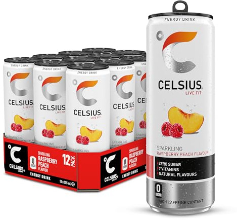 CELSIUS Energy Drink, Sparkling Raspberry Peach, Natural Flavours, No Artificial Colours, Sugar Free Energy Drinks, 355 mL