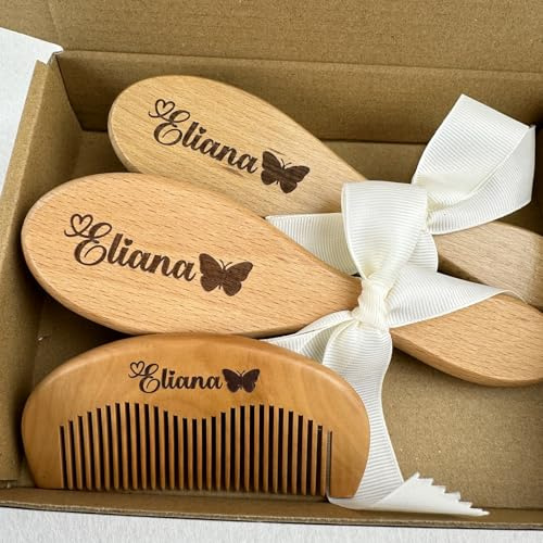 Personalisierte Babyhaarbürste Und Kamm Aus Holz, Personalisiertes Babypflege-Set Mit Gravur (Text/Name), Geschenk For Ersten Geburtstag For Mädchen(A)