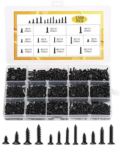 1300 Pcs Wood Screws Assortment Kit, M2 M2.5 M3 Small Phillips Flat Head Self Tapping Screws for Wood, Tiny Phillips Countersunk Screw Set for DIY Woodworking Plastic Furniture(Black)