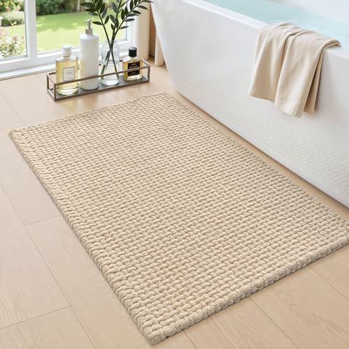 DEXI Tapis Salle de Bain 40 x 60 cm, Super Absorbant et Doux en Chenille, Antidérapant Lavable pour la Douche, Baignoire, Toilettes, Beige