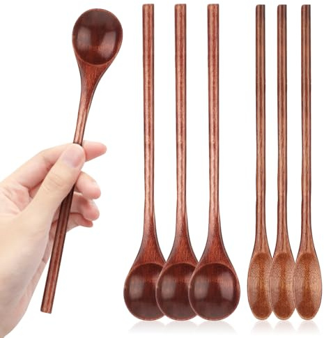 6 Pcs Wooden Coffee Spoons, Long Handle Wooden Teaspoon, Stirring Teaspoon, Long Handle Mixing Wooden Spoon for Stirring Coffee, Tea, Honey, Tasting Spoon Set for Kitchen Stirring