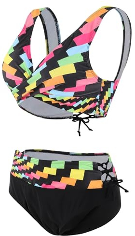 Bikini Mujer Negro Bañador Efecto Vientre Plano Bikini Multicolor con Arosoíris Divididas para Mujer con Relleno Tipo Bustier Bañador Reductor Vientre Plano Pantalón (Black S)