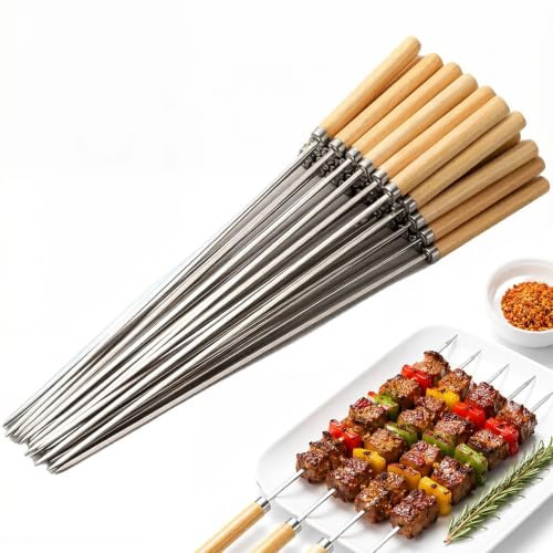 25 spiedini per barbecue in acciaio inox 304 con manico in legno, 35 cm di lunghezza, riutilizzabili, per carne, verdure, barbecue, feste, campeggio (argento 1)
