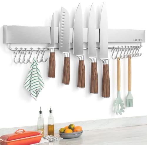 LALEIDU Magnetleiste Messer 59cm, Starker Magnet Messerhalter für Messer | Magnetischer Messerhalter mit Klebeband/ Schrauben /15 Haken, Unbestückte Messerblöck
