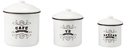 FranquiHOgar Lot de 3 pots vintage émaillés pour cuisine, café, thé, sucre, faciles à nettoyer, passent au lave-vaisselle, blanc, acier émaillé