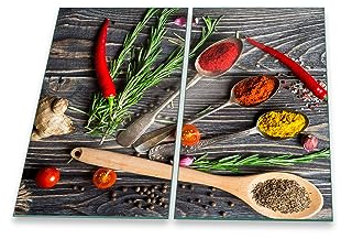 Herdabdeckplatte Abdeckung Ceranfeld Abdeckplatte Schneidebrett 2-Teilig 60x52 Gewürze Mehrfarbig Spritzschutz Glasplatte Ceranfeldabdeckung Schutz Herdschutz Sicherheitsglas Glasschneidebrett 2x30x52