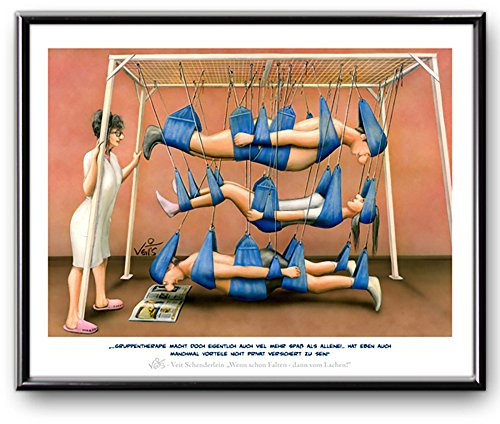 Veit`S Bilder Wandbild Cartoon Beruf Physiotherapie Schlingentisch - Gruppentherapie Macht doch eigentlich auch viel mehr Spaß! (Klein 24x30mit Rahmen)