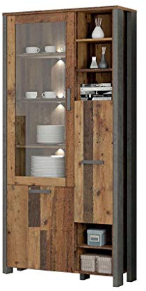 FORTE Clif Vitrine mit 1 Tür unf 1 Glastür, Holzwerkstoff, Old – Wood Vintage/ Betonoptik Dunkelgrau, 91,7 x 204,9 x 41,6 cm