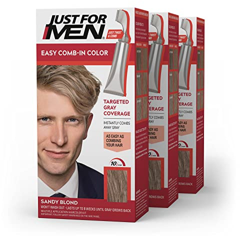 Just For Men Easy Comb-In Color Mens Hair Dye, Easy No Mix Application with Comb Applicator - Sandy Blond, A-10, Pack of 3