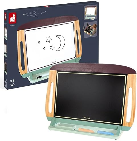 Janod - Lavagna da Tavolo in Legno - Grande Lavagna Bifacciale Portatile, Nera/Bianca Magnetica - Base Antislittamento - 2 Grandi Gessetti, 1 Pennarello Cancellabile, 1 Cancellino - Da 3 Anni, J09631