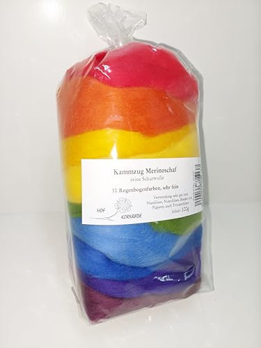 Hof Kornrade Filzwolle Kammzug, Regenbogen,Merinoschaf, reine Schurwolle, nassfilzen