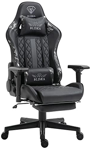 Gamingstol med fotstöd och ergonomiska 4D-armstöd – spelstol i sportsits-utseende – gamerstol med justerbara ryggstödskuddar för hälsosammare sittställning, färg: svart/militärgrå