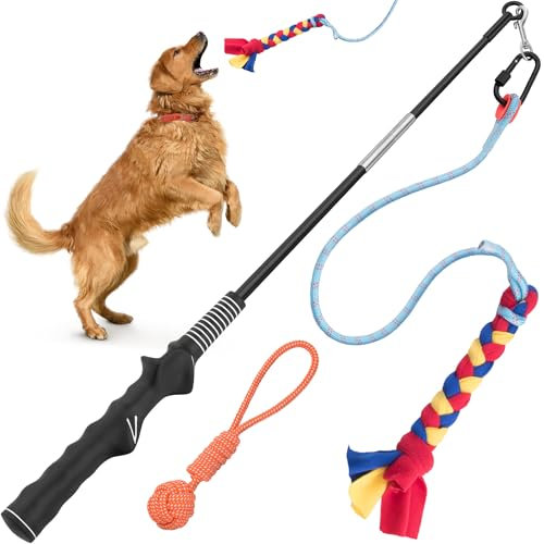 YES4QUALITY Flirt Pole for Dogs with Safe & Strong Nylon Rope - Heavy Duty Lure Stick for Dogs of Any Size - Dog Toy for Fun Obedience Training & Exercise - Braided Fleece Toy
