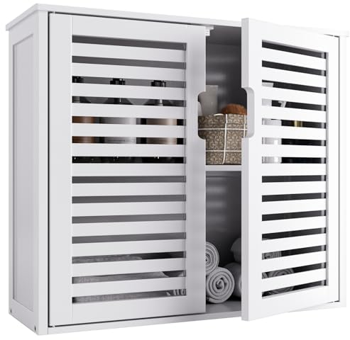 HITNET Bathroom Wall Cabinet with Doors, Bamboo Medicine Cabinets with Adjustable Shelf, Space Saver Storage Organizer Over the Toilet, White