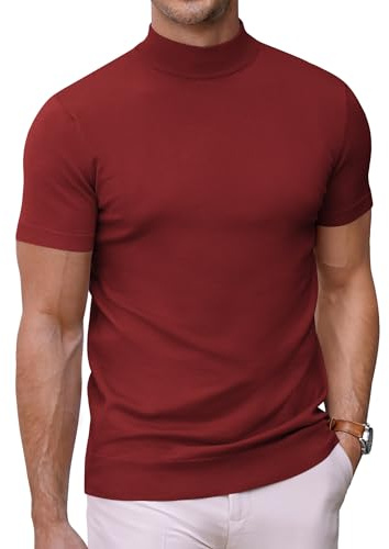 COOFANDY Herr T-shirt med ståkrage stickad herrpolotröja tröja kortärmad halvkrage undertröja slim fit basic toppar, A-vinröd, M