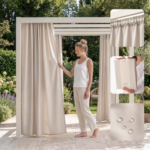 ROOM99 Utomhusgardiner med veckband Garden Line 155 x 270 cm bred x höjd utomhusgardin väderbeständigt vattentätt insynsskydd solskydd gardiner trädgård vindtätt ljusbeige, 1 st