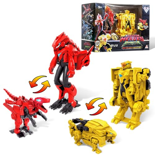 2 in 1 Giocattoli Transformable Dinosauri Action Figure Raptor e Ankylo 2pcs, 5 pollici, Giocattoli Action Figure per bambini e bambine di 5 6 7 8 9 10 anni, Rosso/Giallo