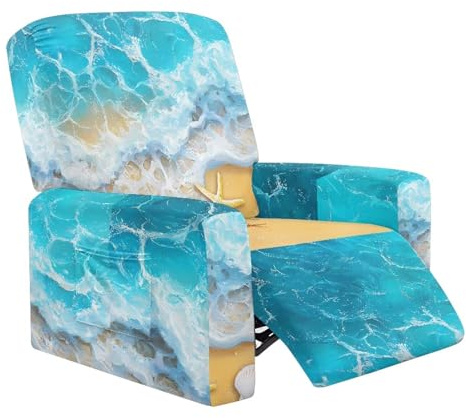 Wiryuouvt Beach Wave Stretch Recliner Slipcovers Printed 4 Pieces Lazyboy Recliner Chair Cover with Handle Opening 1 Cushion Reclining Sofa Fitted Non Slip Reclining Slipcover Soft with Elastic