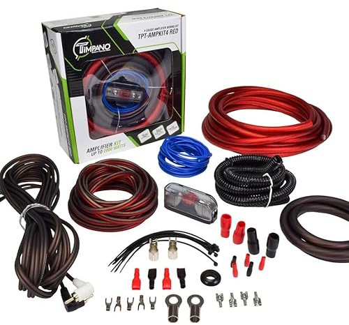 Timpano Kit di cablaggio amplificatore, kit amplificatore calibro 4, 2000 watt, installazione amplificatore auto, kit cavi CCA - Fusibile 150 amp TPT-AMPKIT4 rosso