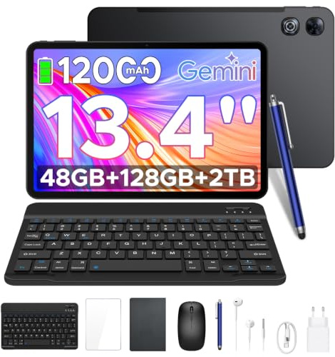 POPUX P13 Tablets 13.4 Pulgadas, 2.4K 120Hz Tablet Android 16 con Gemini AI, 48GB RAM 128GB ROM, T7280, 12000mAh, Widevine L1, 13MP+8MP, Altavoces Duales, Tablet con Teclado, Lapiz, Funda, Negro