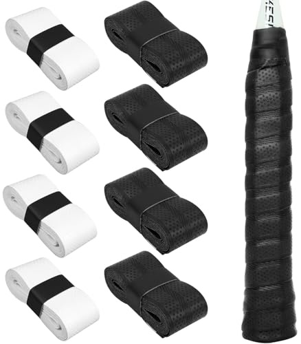 Sxingh 8 stycken greppband, tennisracket, 4 svarta + 4 vita, halkfritt overgrip badmintonracket med perforering, självhäftande halkfritt greppband för tennis, badminton, squash