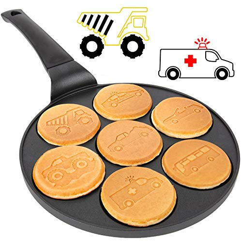 Car & Truck Mini Pancake Pan - Make 7 Unique Flapjack Car Vehicles, Nonstick Pan Cake Maker Griddle w Long Handle for Breakfast Fun & Easy Cleanup, Unique Morning Treat or Special Baking Gift for Kids