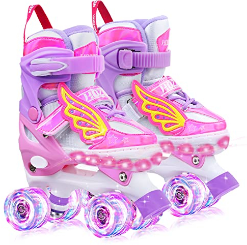 Hozzen Rollschuhe Mädchen Kinder 4 GrößenVerstellbare Quad Rollschuhe für Anfänger (Größe 28-31), Bequeme und Atmungsaktive Rollschuhe für Kinder mit Aufbewahrungstasche und 1 Paar Socken (S)