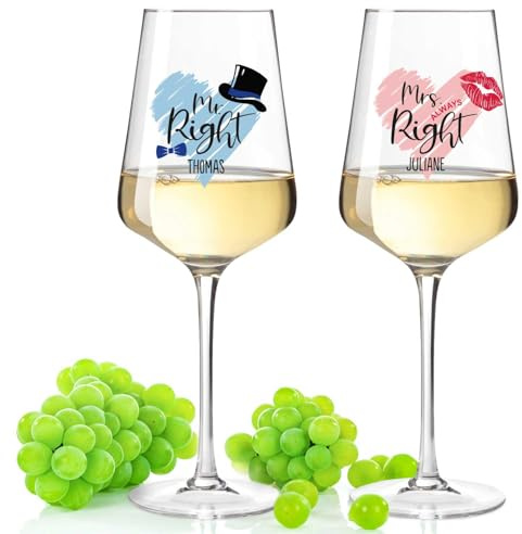 GRAVURZEILE 2x Leonardo Weingläser mit UV Druck - Mr Right & Mrs Always Right im Set - Personalisiert mit Namen - Geschenk für Paare - Geschenk für Geburtstag, Jahrestag & zur Hochzeit - Farbe Puccini