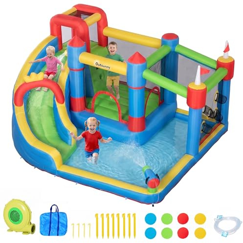 Outsunny Château Gonflable 6 en 1 Aire de Jeux avec Pistolet à Eau Toboggan Trampoline piscines + 3-8 Ans avec gonfleur et Sac de Transport intérieur/extérieur 390 x 300 x 197 cm - Multicolore
