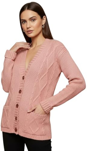 LUXFAB Womens Long Sleeve Button Top Cardigan Chunky Aran Cable Knit Grandad Style Sweater Everyday Casual Warm Knitted Ladies Cardigan UK Sizes 8-26 Baby Pink