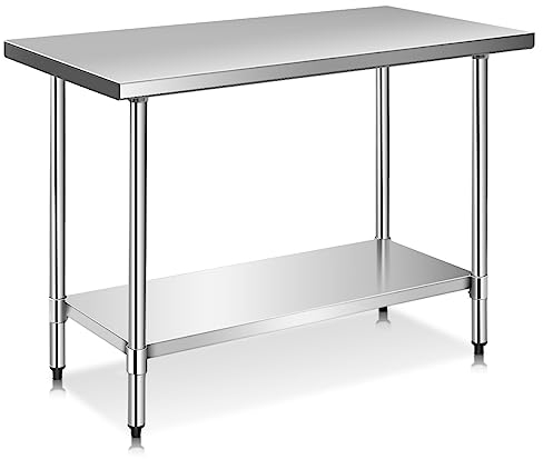 TANGZON 36x24Inch/48x24Inch/48x30Inch/60x24Inch Stainless Steel Catering Table, 250KG Heavy Duty Commercial Work Table with Adjustable Shelf, Food Prep Table Workbench for Kitchen Garage (122x61x90cm)