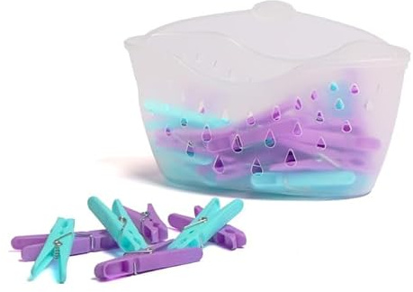 Set of 36 Peg Basket Clothes Pegs for Washing Line with Basket Strong Soft Grip Laundry Pegs purple blue with Basket white