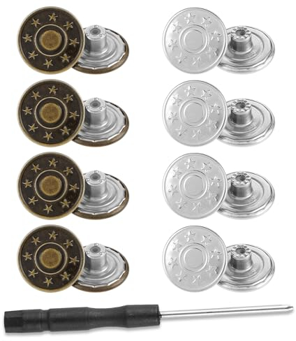 Amabro 8 Stück Jeansknöpfe Zum Einschlagen,17 mm Knöpfe Ohne Nähen,Hosenknöpfe Zum Enger Machen Jeansknopf Hosenknopf Jeans Knopf Knopfnadeln Verstellbare Metallknöpfe Mit Schraubendreher für Jeans