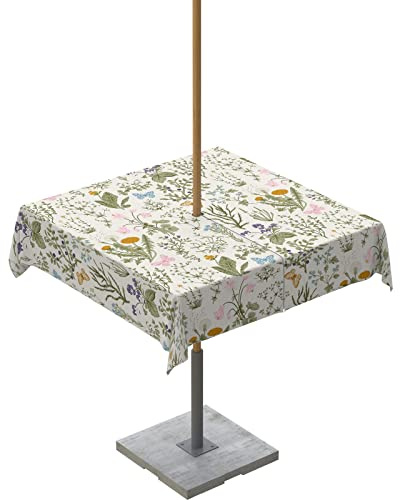 Herb Plants Botanical Leaves with Flower Outdoor Square Tablecloth Zippered Table Cover with Umbrella Hole,Foliage Floral and Butterfly Waterproof Table Cloths for Patio Garden Picnic Tables,54x54in