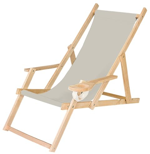 Ferocity Holz-Liegestuhl Klappbar Klappliegestuhl mit Armlehne und Getränkehalter Strandstuhl Farbe Hellgrau [119]