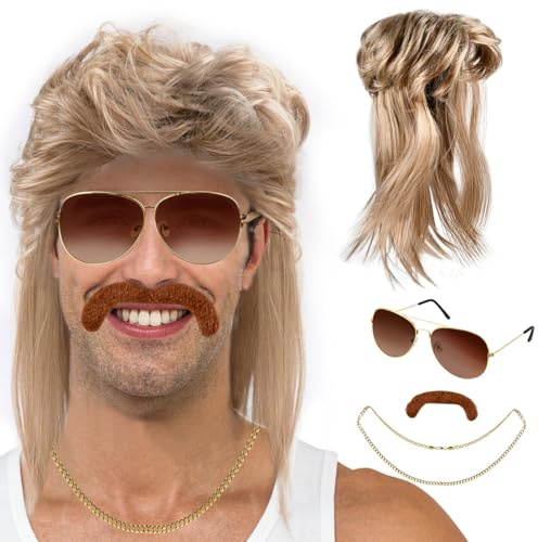 TMBMLPP Vokuhila Perücke,80er Jahre Outfit Herren Perücken,Wig Sonnenbrille Halskette,Perücke Damen Herren Karneval,80er 90er Jahre Outfit Accessoires Herren,Perücke Männer