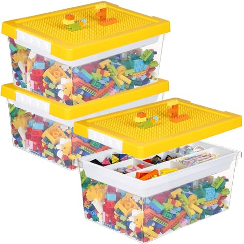 Greentainer Aufbewahrungsbox Spielzeug mit Deckel & AbnehmbaresTablett,3er Spielzeug Box aus PP,Aufbewahrungskorb Kinder,Spielzeugkiste für Kinderzimmer Aufbewahrungsbehälter für Blöcke(Gelb)