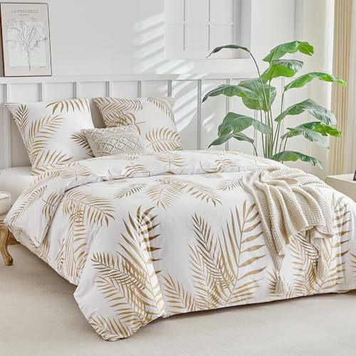 Tokokimo Housse de Couette 240 x 260 avec 2 Taies d'oreiller 65x65 cm - Motif de Feuilles de Palmier Tropicales dorées - 100% Microfibre Parure de lit 240 x 260 avec Fermetures éclair, Blanc