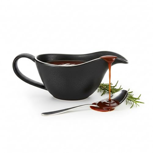 UKCOCO Black Ceramic Gravy Boat & Saucer 400 ml – Non-Drip Spout for Mess-Free Pouring, Dishwasher-Safe Porcelain Sauce Jug for Roast Dinners & Holiday Tables