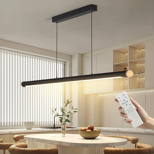 FANLG LED Lampara de techo colgante,80CM Lampara Colgante Cocina Negro Regulable con Control Remoto,30W Lampara Comedor lineal Iluminación Colgante regulable altura para Comedor Cocina Oficina