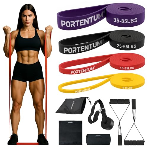 PORTENTUM Resistance bands with handle – Set of 10 – Pull up bands 4 levels strength – Handles, door anchor, sleeves and bag – Home gym men & women – Exercise band for Fitness Crossfit Yoga Pilates