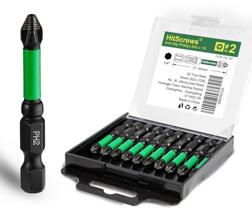 Hitscrews 2 Inch Anti Slip Phillips Impact Driver Bits #2, New Precision Laser-Etched Micro-Slip Grip, S2 Steel Ph2 Magnetic Screwdriver Bits For Heavy-Duty Repairs & Home Improvement | 10 Pack
