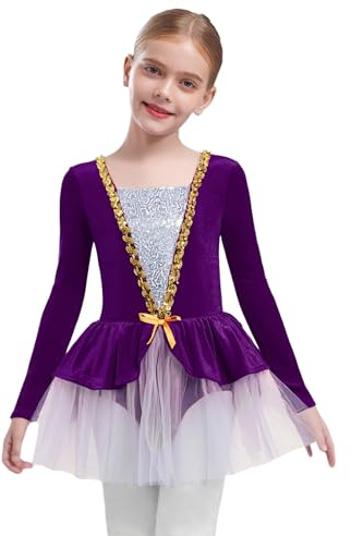 Xnihocha Vestido de Navidad para niños y niñas, traje de ballet clásico, gimnasia, equitación, patinaje artístico, ballet, jazz, tango, ropa de baile 5-16 años, morado, 110-116