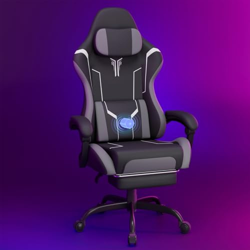 Soontrans Sedia da Gaming con Massaggio KJ433 Sedia Gaming con Poggiapiedi e Cuscino e Poggiatesta, Reclinabile 135°, Pelle Sintetica (Nero-Grigio)