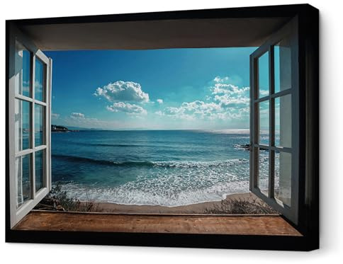 Panorama Cuadros Decoración Salón Modernos - Ventana Playa 100x70 cm - Papel Póster 250 gr - Láminas Decorativas Pared - Posters para Dormitorio, Habitación, Cocina - Regalos Originales