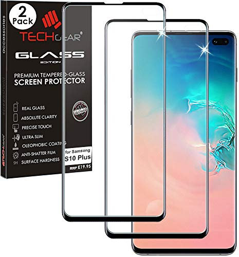 TECHGEAR [2 Pack 3D GLASS Edition Screen Protector fits Samsung Galaxy S10 Plus (S10+) [Fingerprint ID Compatible] Tempered Glass Screen Protector Guard Cover - Black (NOT for S10, S10e)