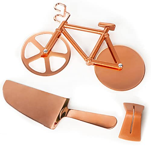 HOWEIFULL Bicycle Pizza Cutter Wheel, Stainless Steel Bike Pizza Cutter with Pizza Shovel and Stand, Non-Stick Coating, Dual Pizza Slicer Sharp Blades (Gold)