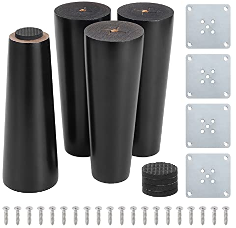 Mynoozi 6 / 15cm Solid Eucalyptus Wood Tapered Furniture Legs, Set of 4 Black Sofa Legs with Mounting Plates, Screws and Anti-Slip Mats for Table, Chair, Couch, Cabinet
